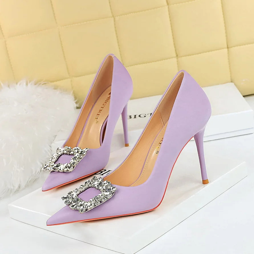 rhinestone buckle heel pumps