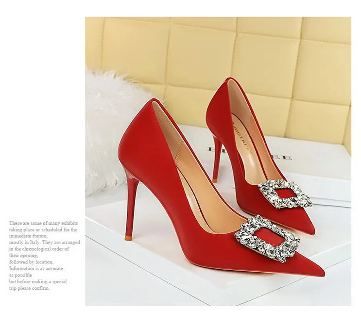 rhinestone buckle heel pumps