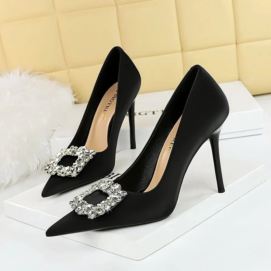 rhinestone buckle heel pumps