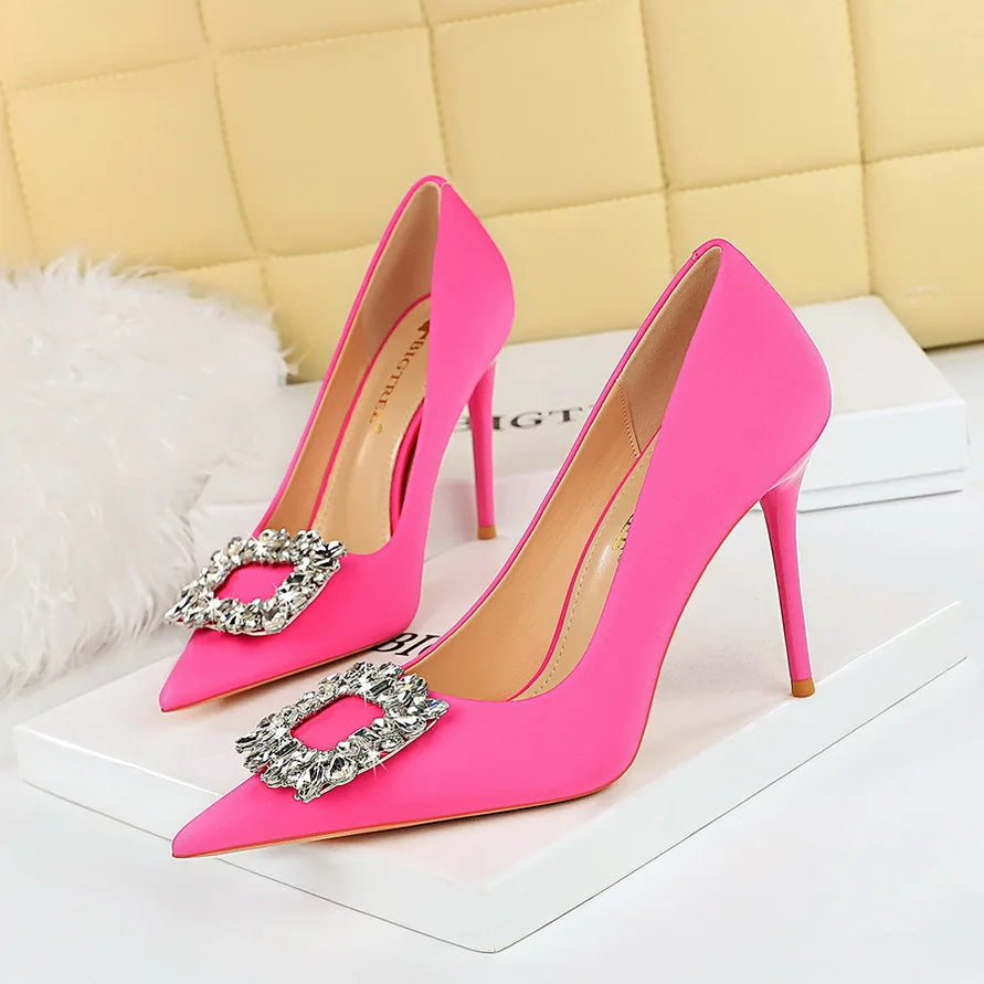 rhinestone buckle heel pumps