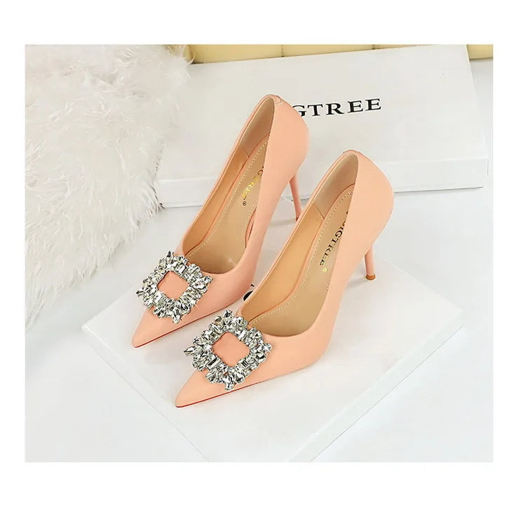 rhinestone buckle heel pumps