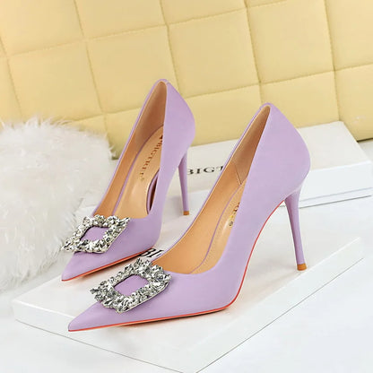 rhinestone buckle heel pumps