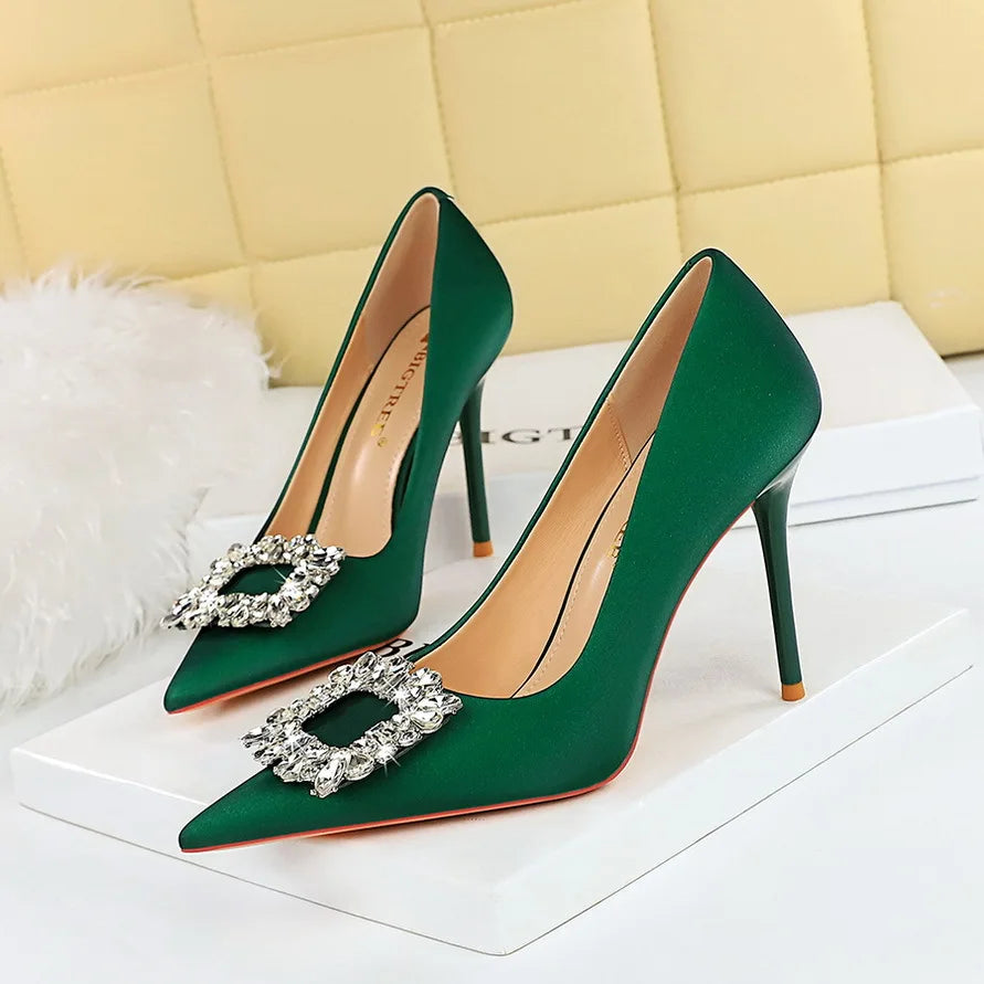 rhinestone buckle heel pumps