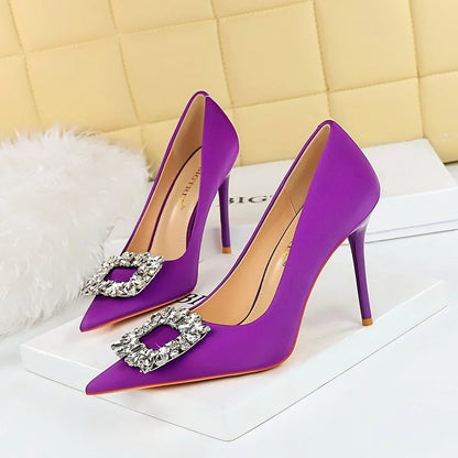 rhinestone buckle heel pumps