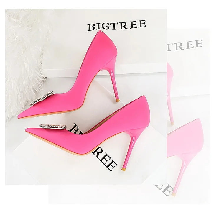 rhinestone buckle heel pumps